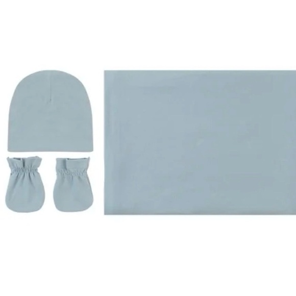 petit classics Other - Petit Classics Swaddle Blanket Matching Hat Mittens in Jersey Cotton Dusty Blue
